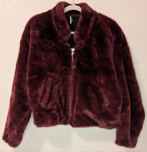 Free People Burgundy Faux Fur Jacket - Picture 2 of 11